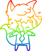 rainbow gradient line drawing of a crying business fox cartoon png