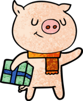 cochon dessin animé heureux avec cadeau de Noël png