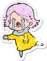 distressed sticker of a cartoon woman crying png