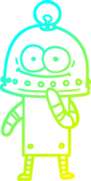 cold gradient line drawing of a happy carton robot with light bulb png