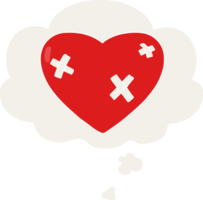 cartoon beaten up heart with thought bubble in retro style png