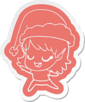 quirky cartoon  sticker of a happy elf girl dancing wearing santa hat png