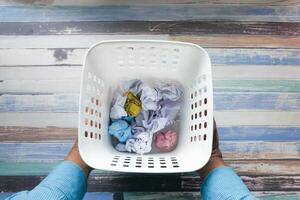 crumpled paper ball in a contianer. high angle view photo