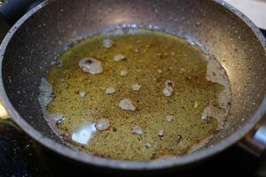 used cooking oil in frying pan. photo