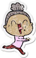 distressed sticker of a cartoon happy old woman png