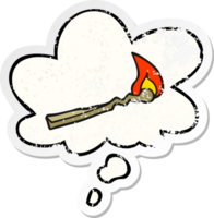 cartoon burning match with thought bubble as a distressed worn sticker png
