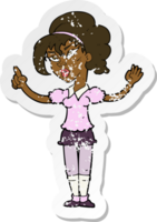 retro distressed sticker of a cartoon woman with idea png