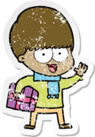 distressed sticker of a happy cartoon boy with present png