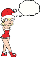 mulher de desenho animado em traje de duende de natal com balão de pensamento png