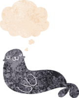 cute cartoon seal with thought bubble in grunge distressed retro textured style png