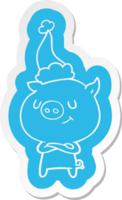 happy quirky cartoon  sticker of a pig wearing santa hat png