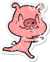 autocollant en détresse d'un cochon de dessin animé nerveux en cours d'exécution png