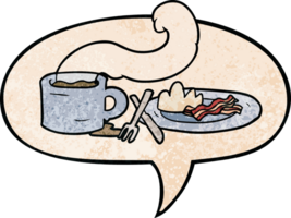 cartoon breakfast of coffee and bacon with speech bubble in retro texture style png