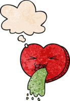 dibujos animados amor enfermo corazón con pensamiento burbuja en grunge textura estilo png