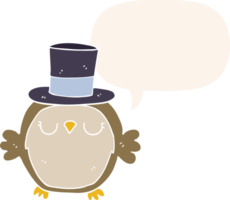 cartoon owl wearing top hat with speech bubble in retro style png