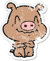 distressed sticker of a nervous cartoon pig sitting png