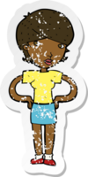 retro distressed sticker of a cartoon woman with hands on hips png