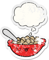 cute cartoon bowl of cereal with thought bubble as a distressed worn sticker png