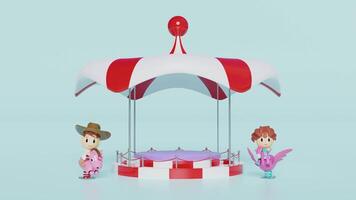 3d podium stage empty with unicorn spring rider isolated on blue background. 3d render illustration video