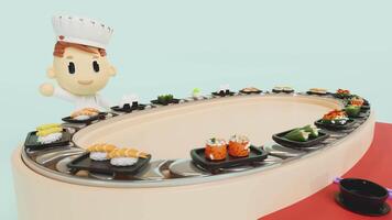 Japanese restaurant with sushi on conveyor belt isolated on blue background. 3d render illustration video
