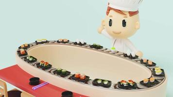 Japanese restaurant with sushi on conveyor belt isolated on blue background. 3d render illustration video