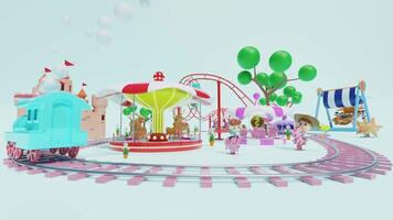 3d amusement park with railroad tracks, roller coaster, unicorn spring rider, carousel, merry go round, castle, towers. 3d render illustration video