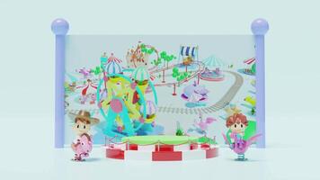 3d podium stage empty with unicorn spring rider, clip of the scene isolated on blue background. 3d render illustration video
