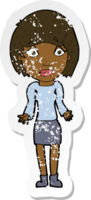 retro distressed sticker of a cartoon woman shrugging shoulders png