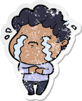 distressed sticker of a cartoon man crying png