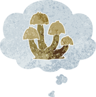 cartoon mushrooms with thought bubble in grunge distressed retro textured style png