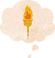 cartoon flaming torch with thought bubble in grunge distressed retro textured style png