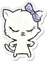 distressed sticker of a cute cartoon cat with bow png