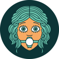 iconic tattoo style image of female face wearing a ball gag png