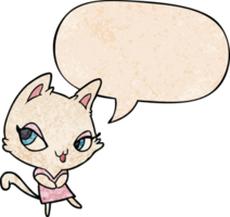 linda dibujos animados hembra gato con habla burbuja en retro textura estilo png