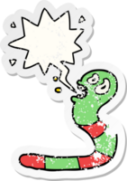 tekenfilm bang worm met toespraak bubbel verontrust verontrust oud sticker png