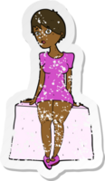 retro distressed sticker of a cartoon curious woman sitting png