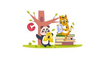 une dessin animé Panda et tigre sont séance sur livres et des lettres video