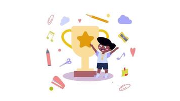 a boy holding up a trophy with a star on it video