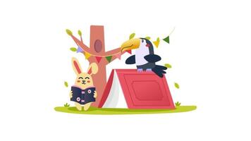 a cartoon bird and a rabbit are standing next to a tent video