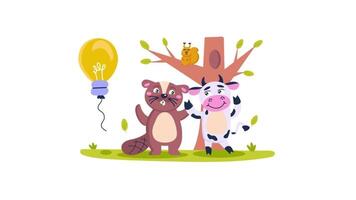 a cartoon cow and bear are standing next to a tree video