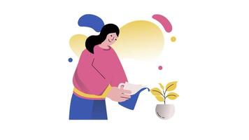 illustration of a woman watering a plant video