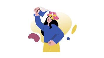 a woman with a flower in her hair is holding a cup video