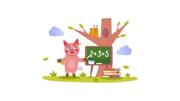 een varken is staand in voorkant van een schoolbord met getallen video