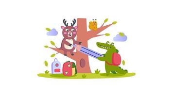 un cocodrilo y un ciervo son sentado en un árbol video