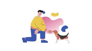 une homme est caresse une chien sur une blanc Contexte video