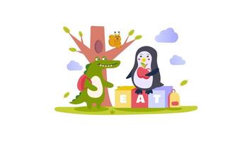 penguin and crocodile eating together, illustration video