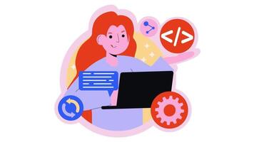 uma mulher é segurando uma computador portátil e uma computador com uma código símbolo video