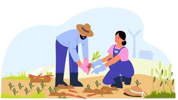 an illustration of a man and woman planting vegetables video