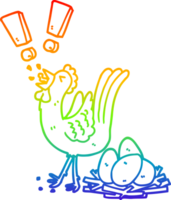 rainbow gradient line drawing of a cartoon chicken laying egg png