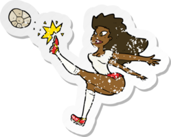 retro distressed sticker of a cartoon female soccer player kicking ball png